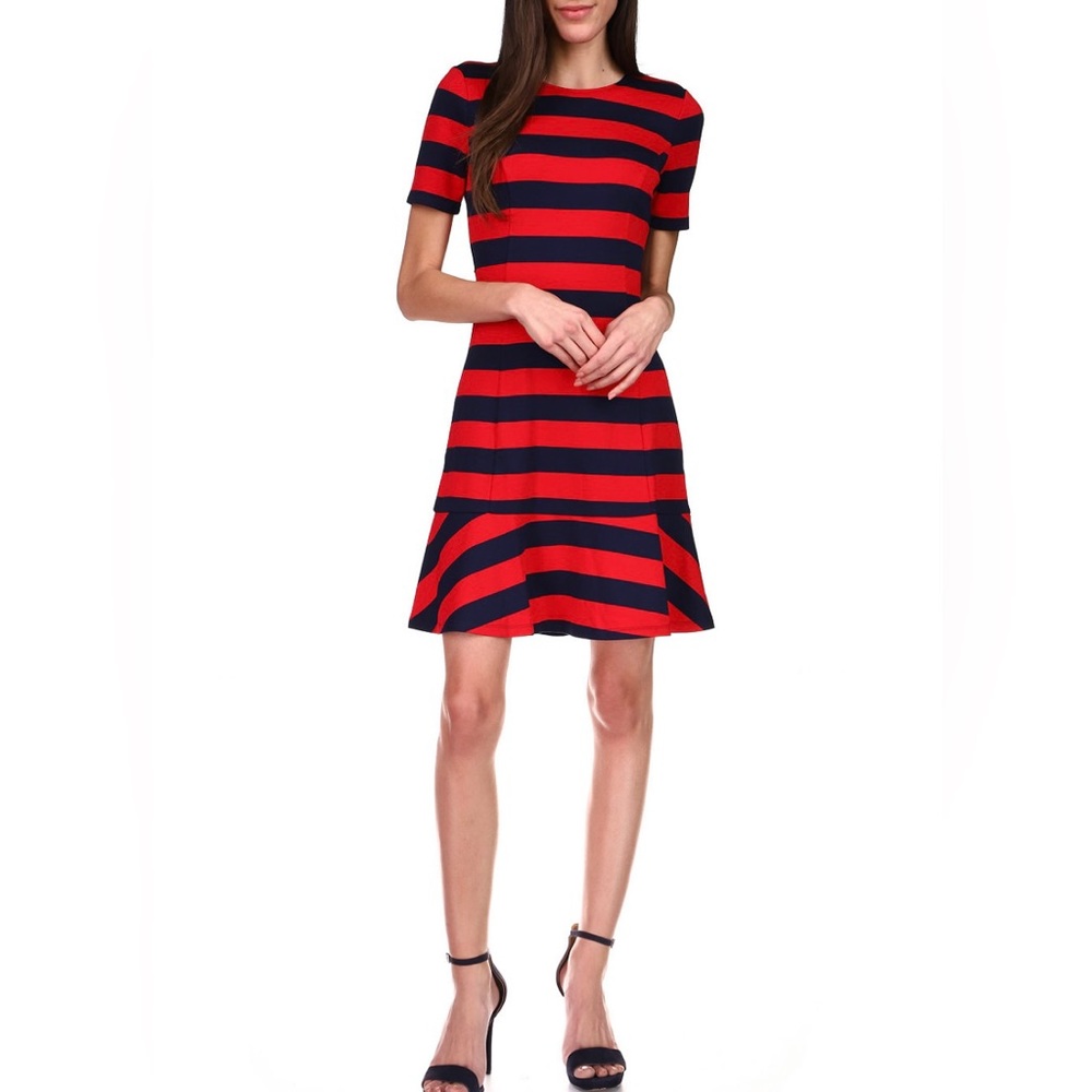 PETITE Michael KORS 
Striped Flounce-Hem A-Line Dress